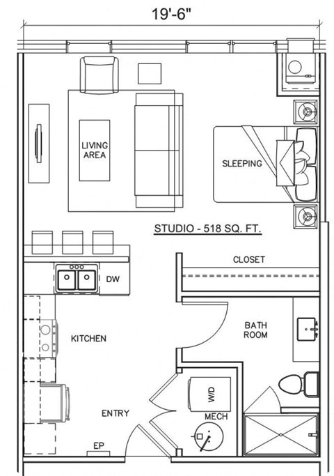 Floor plan for studio, 1 bath, 540 sqft